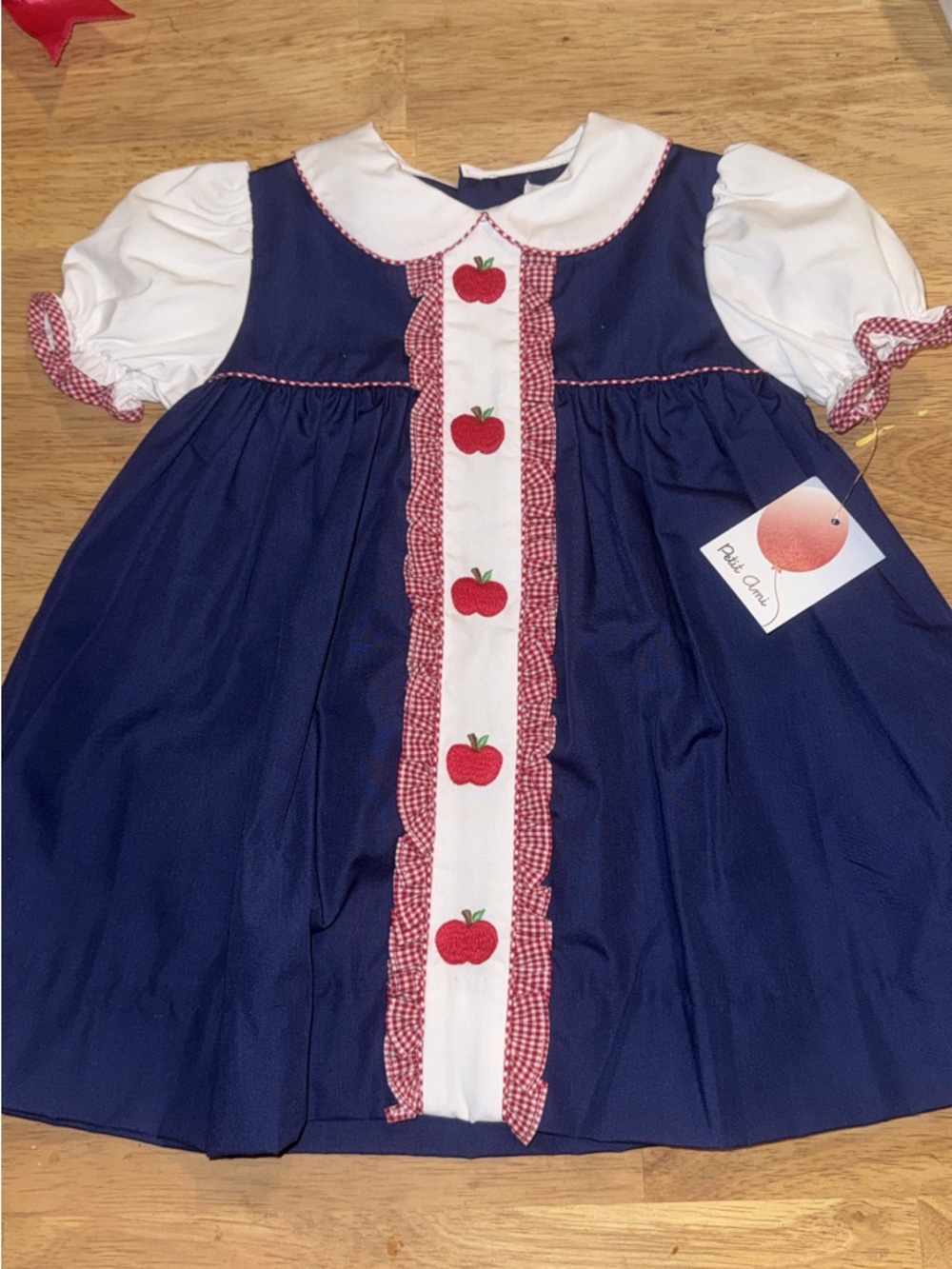 Petit Ami Navy Blue Dress with White and Red Apple Trim